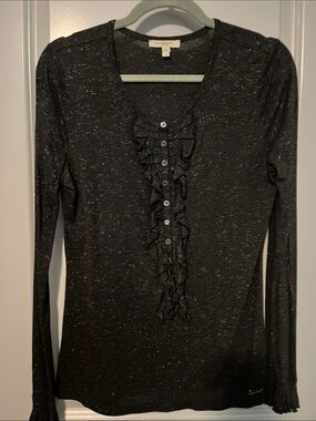 Burberry Black Speckled Ruffle-Front Long Sleeve Tee